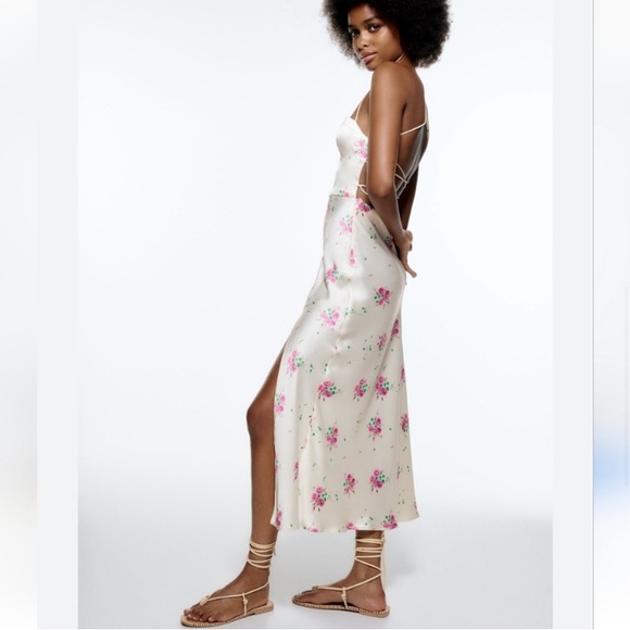 Zara satin midi dress white with pink florals size M 7596/479 - Picture 7 of 8